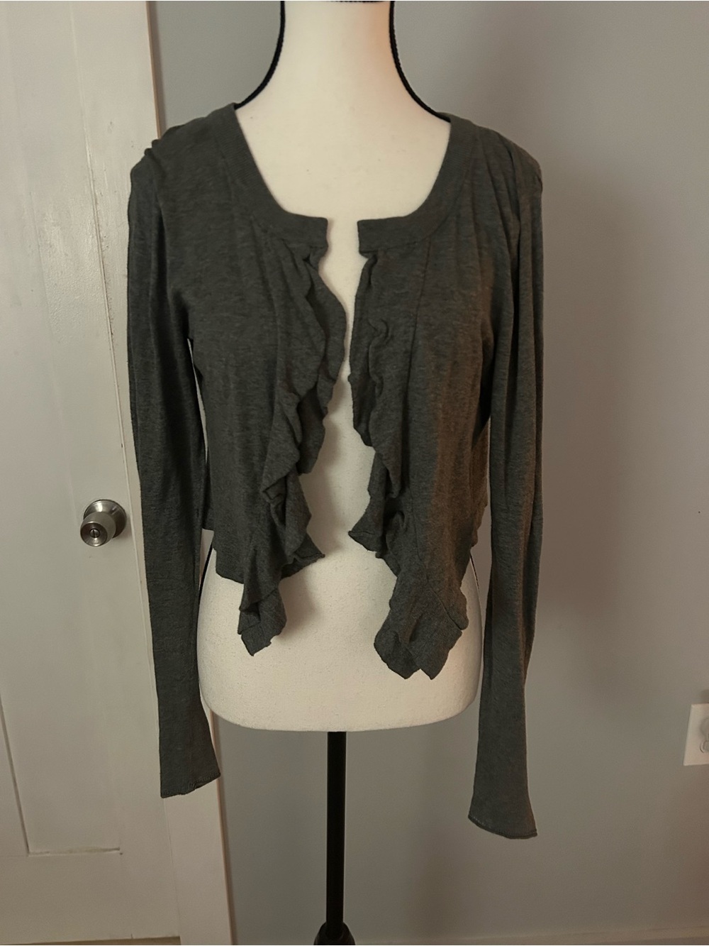 Express Gray Ruffle-Front Cardigan Sweater - Picture 2 of 9